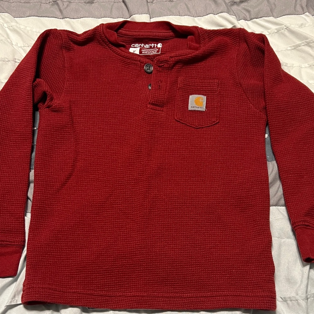 3T Boys Carhartt Maroon/ Burgundy Waffle Henley Long Sleeve Shirt
